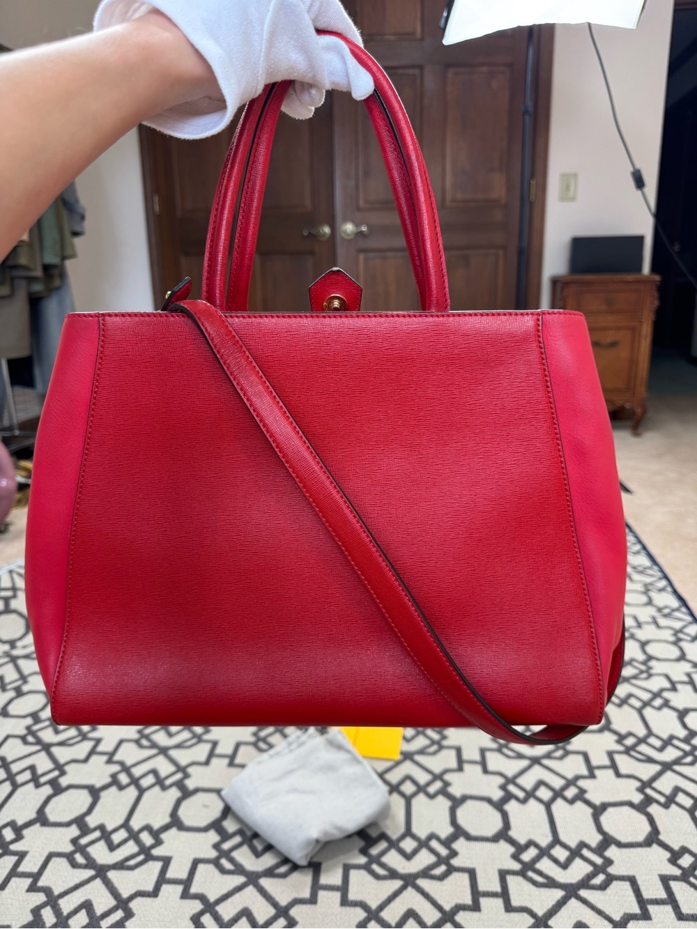 Fendi 2Jours Elite Vitello Leather Tote Bag Rosso Fiamma Red Medium - Picture 4 of 17